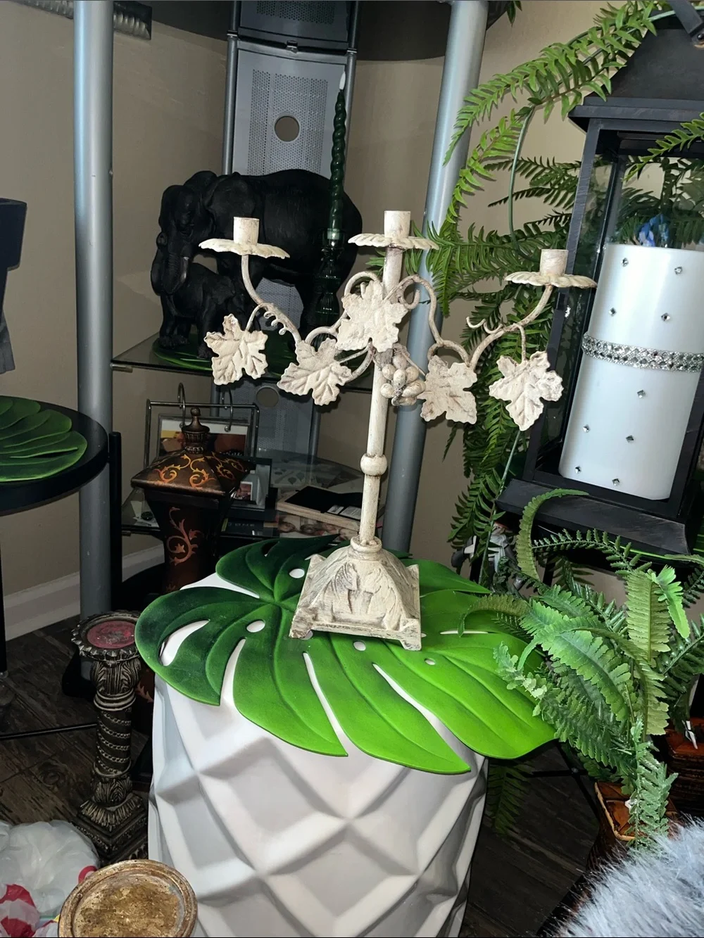 Cream Metal Grape Leaf 3-Arm Candelabra